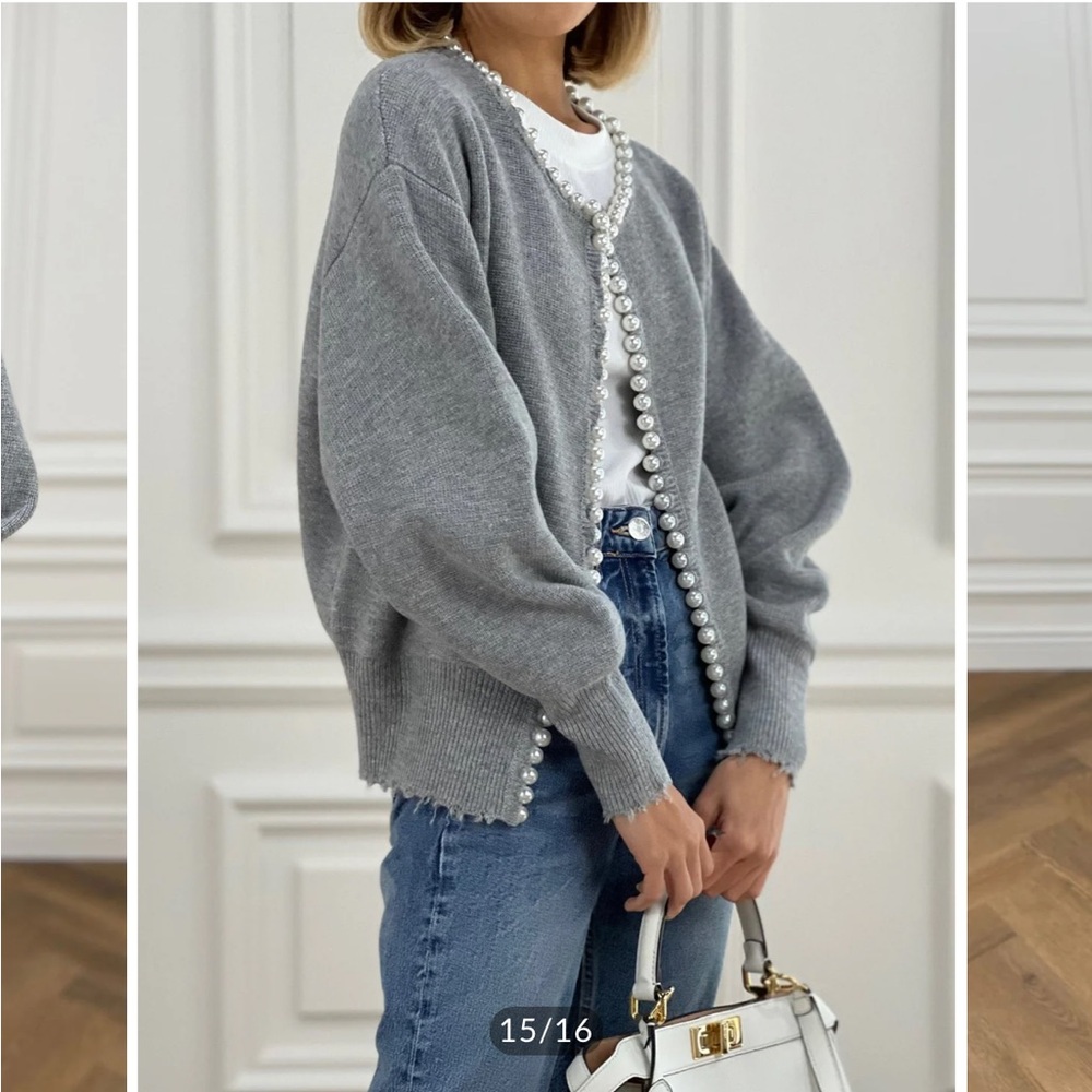 Commense Pearl Trim Ripped Hem Cardigan - Picture 16 of 16